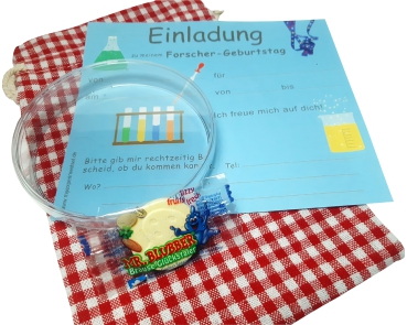 10 blaue Forscher-Einladungen in der Petrischale, mit Brausebonbons und Säckchen