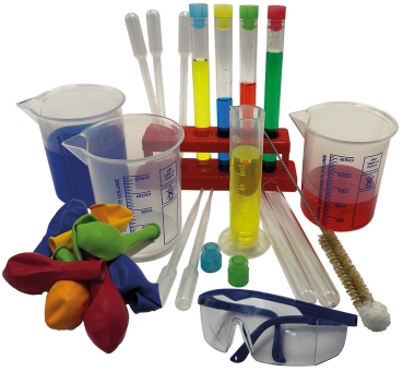 Reagenzgläser aus Kunststoff mit Stopfen, bunt, Reagenzglasständer aus Kunststoff, Griffinbecher mit buntem Wasser, Messzylinder Schutzbrille, Pipetten