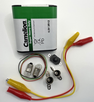 Batterie, Schalter, Kabel, Lämpchen, Fassungen