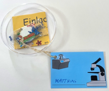 Einladungskarten "Petrischale mit Pipetten, Brausebonbon und Säckchen", perfekt für eine gelungene Forscherparty