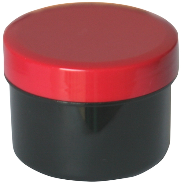 Dose schwarz mit Schraubdeckel rot Füllvolumen 35ml aus Polypropylen (PP), lebensmittelgerecht. PP ist ein bpa-freier Kunststoff. Geeignet für alle Arten von Lebensmitteln bei Langzeitlagerung bei Raumtemperatur u. darunter, inkl. Heißabfüllung bzw. Erhit