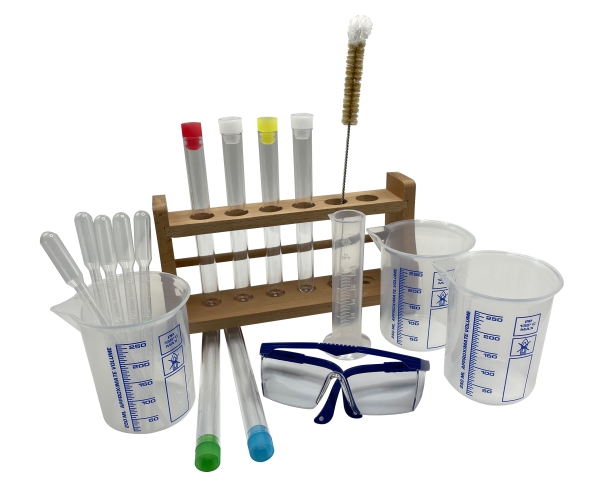 Reagenzgläser aus Kunststoff mit Stopfen, bunt, Reagenzglasständer aus Holz, Griffinbecher, Messzylinder Schutzbrille, Pipetten