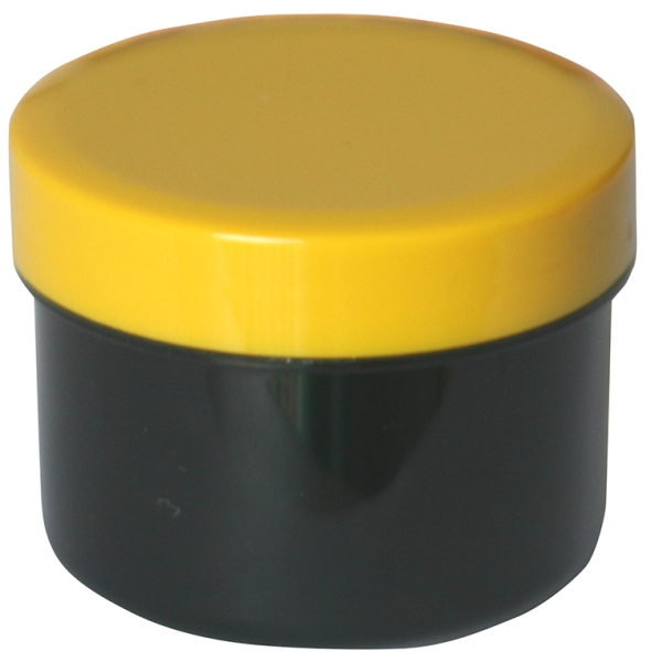 Dose schwarz mit Schraubdeckel gelb Füllvolumen 35ml aus Polypropylen (PP), lebensmittelgerecht. PP ist ein bpa-freier Kunststoff. Geeignet für alle Arten von Lebensmitteln bei Langzeitlagerung bei Raumtemperatur u. darunter, inkl. Heißabfüllung bzw. Erhi