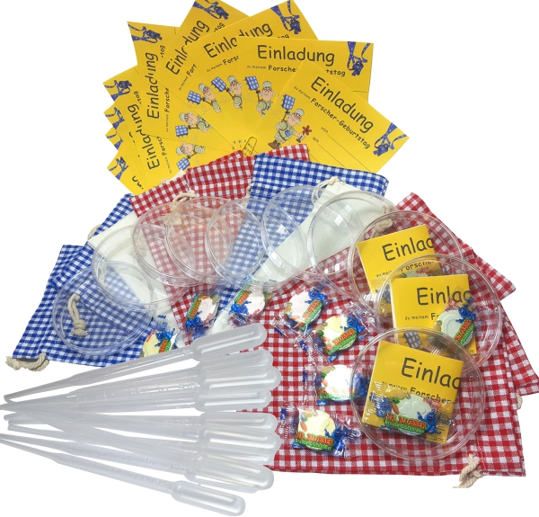 Einladungskarten "Petrischale mit Pipetten, Brausebonbon und Säckchen", perfekt für eine gelungene Forscherparty