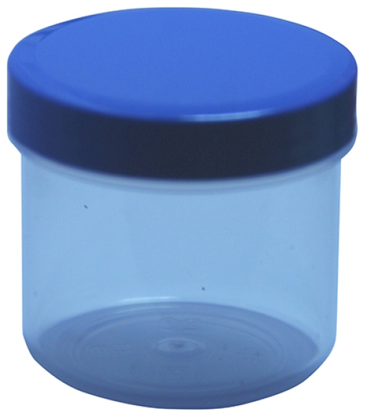 Dose transparent mit Schraubdeckel blau Füllvolumen 25ml aus Polypropylen (PP), lebensmittelgerecht. PP ist ein bpa-freier Kunststoff. Geeignet für alle Arten von Lebensmitteln bei Langzeitlagerung bei Raumtemperatur u. darunter, inkl. Heißabfüllung