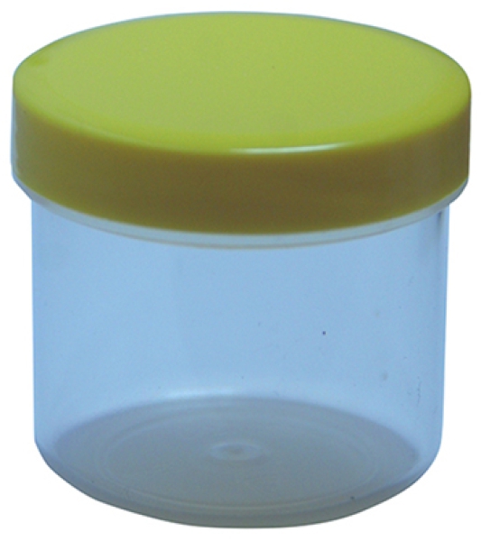 Dose transparent mit Schraubdeckel gelb Füllvolumen 25ml aus Polypropylen (PP), lebensmittelgerecht. PP ist ein bpa-freier Kunststoff. Geeignet für alle Arten von Lebensmitteln bei Langzeitlagerung bei Raumtemperatur u. darunter, inkl. Heißabfüllung