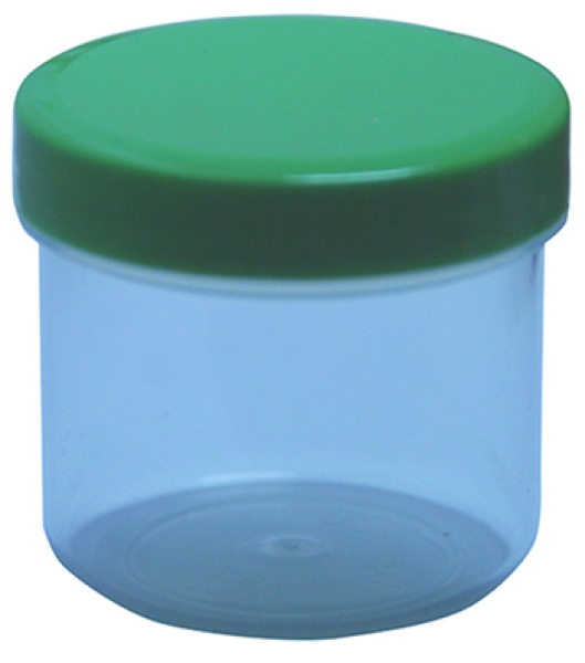 Dose transparent mit Schraubdeckel grün Füllvolumen 25ml aus Polypropylen (PP), lebensmittelgerecht. PP ist ein bpa-freier Kunststoff. Geeignet für alle Arten von Lebensmitteln bei Langzeitlagerung bei Raumtemperatur u. darunter, inkl. Heißabfüllung
