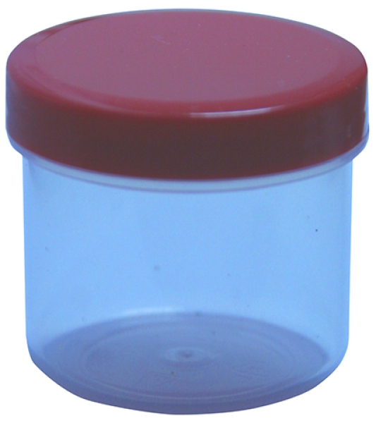 Dose transparent mit Schraubdeckel rot Füllvolumen 25ml aus Polypropylen (PP), lebensmittelgerecht. PP ist ein bpa-freier Kunststoff. Geeignet für alle Arten von Lebensmitteln bei Langzeitlagerung bei Raumtemperatur u. darunter, inkl. Heißabfüllung b