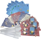Einladungskarten "Petrischale mit Pipetten, Bonbon und Säckchen" (blau), perfekt für eine gelungene Forscherparty