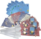 Einladungskarten "Petrischale mit Pipetten, Brausebonbon und Säckchen" (blau), perfekt für eine gelungene Forscherparty