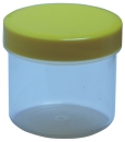 Dose transparent mit Schraubdeckel gelb Füllvolumen 25ml aus Polypropylen (PP), lebensmittelgerecht. PP ist ein bpa-freier Kunststoff. Geeignet für alle Arten von Lebensmitteln bei Langzeitlagerung bei Raumtemperatur u. darunter, inkl. Heißabfüllung