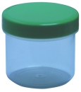Dose transparent mit Schraubdeckel grün Füllvolumen 25ml aus Polypropylen (PP), lebensmittelgerecht. PP ist ein bpa-freier Kunststoff. Geeignet für alle Arten von Lebensmitteln bei Langzeitlagerung bei Raumtemperatur u. darunter, inkl. Heißabfüllung